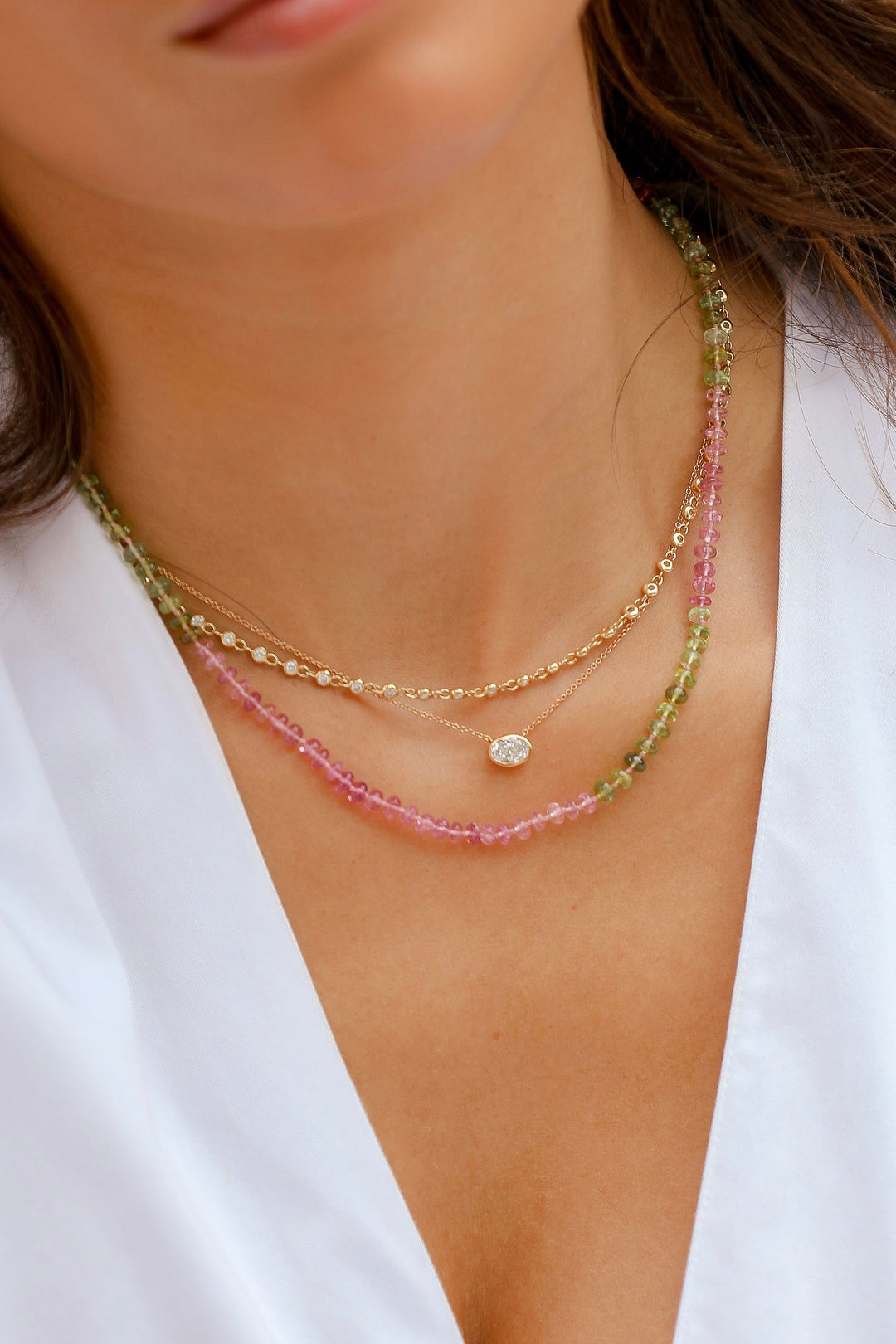 Pink & Green Tourmaline Beads with 14K Yellow Gold Clasp Necklace