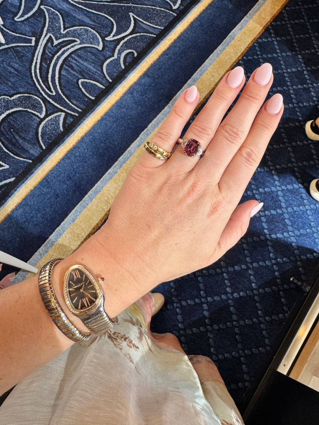 Cushion Pink Spinel & Diamond Three-Stone Ring in Platinum