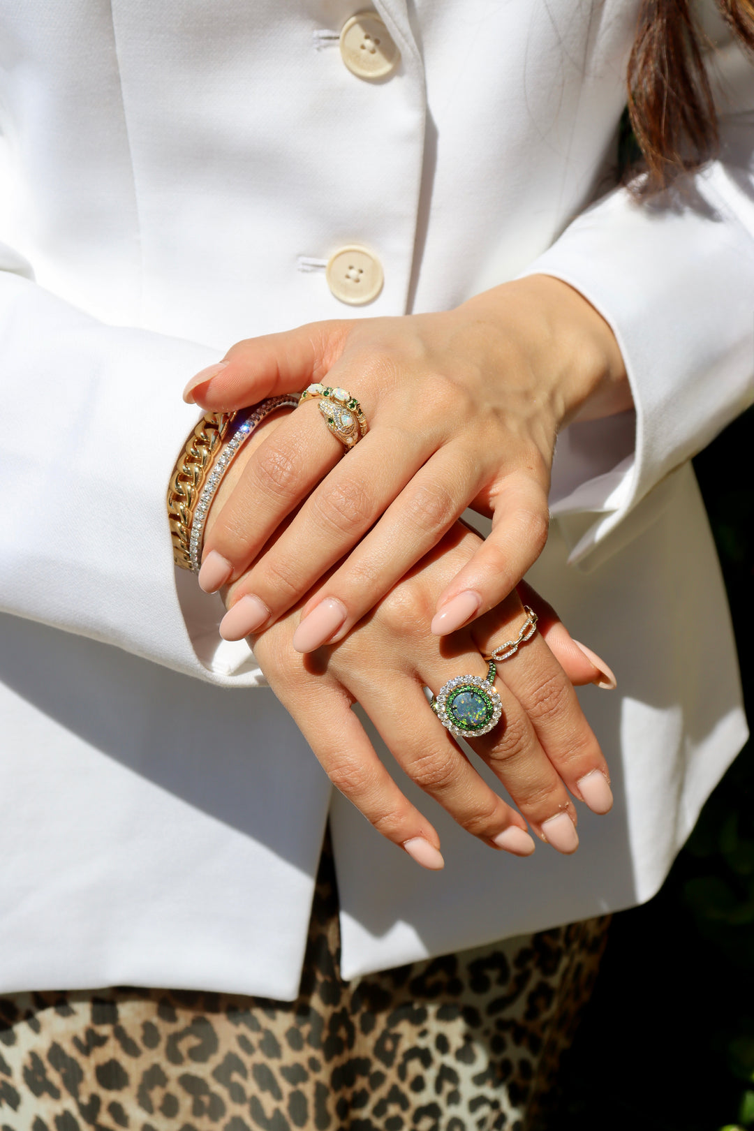 Snake Australian Opal, Tsavorite Garnet & Diamond Ring in 18k Yellow Gold