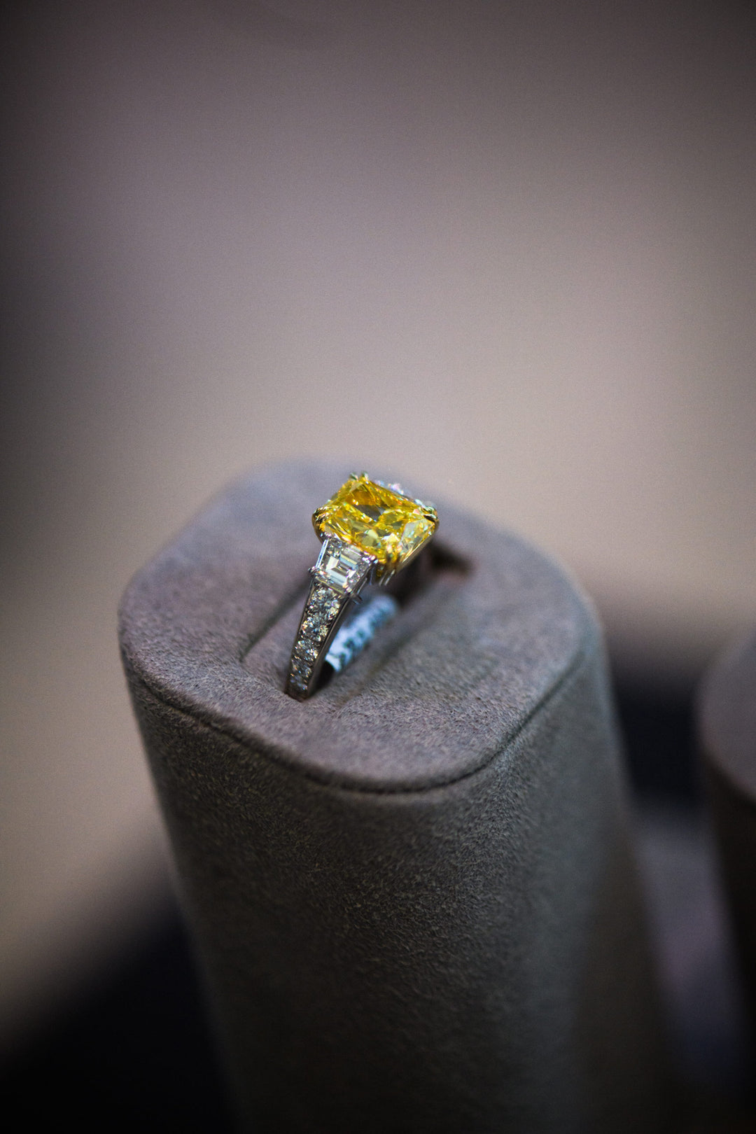 Radiant Fancy Intense Yellow Diamond Three Stone Ring