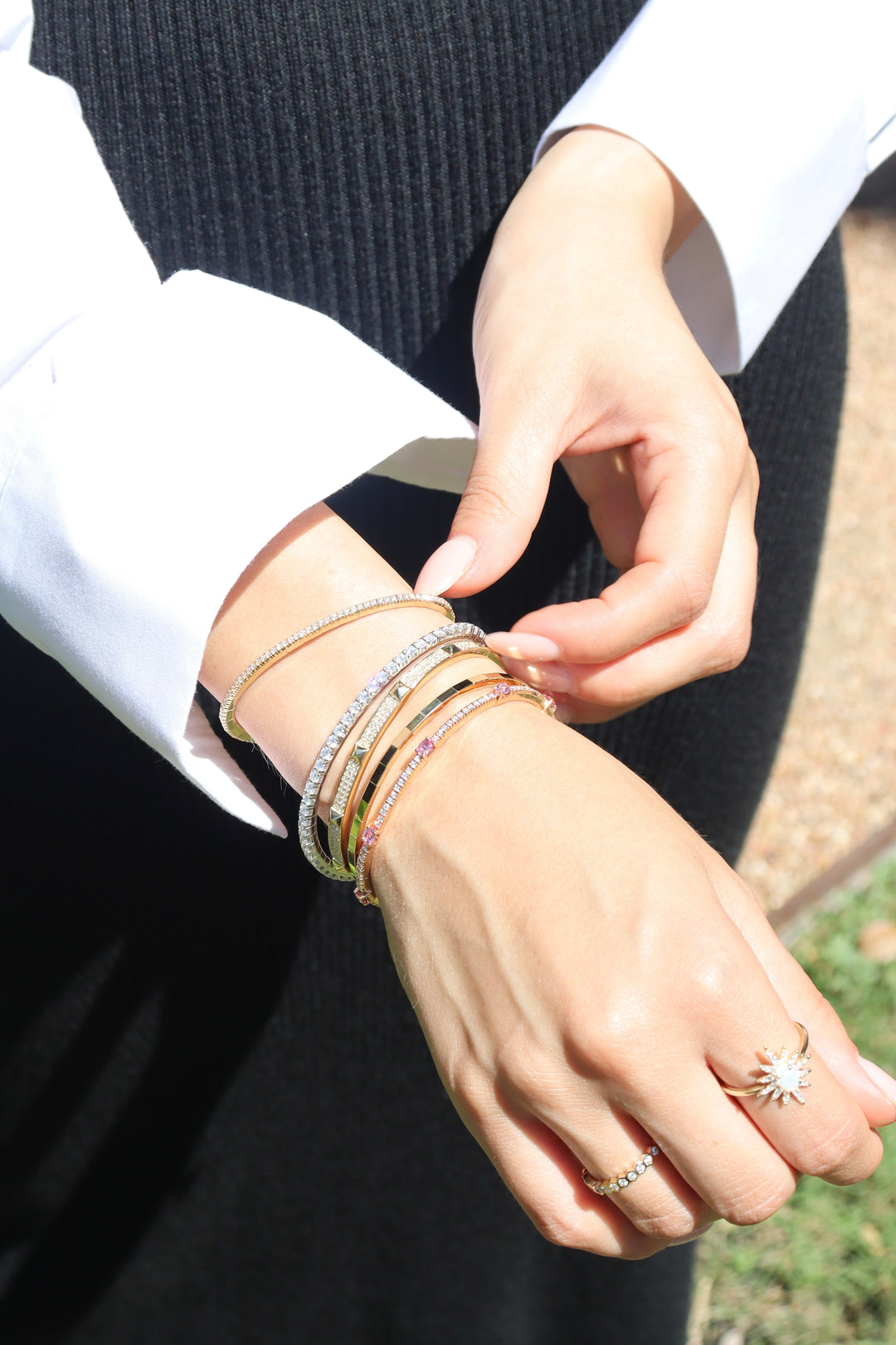 Gold Stud & Diamond Bangle in 14K Gold