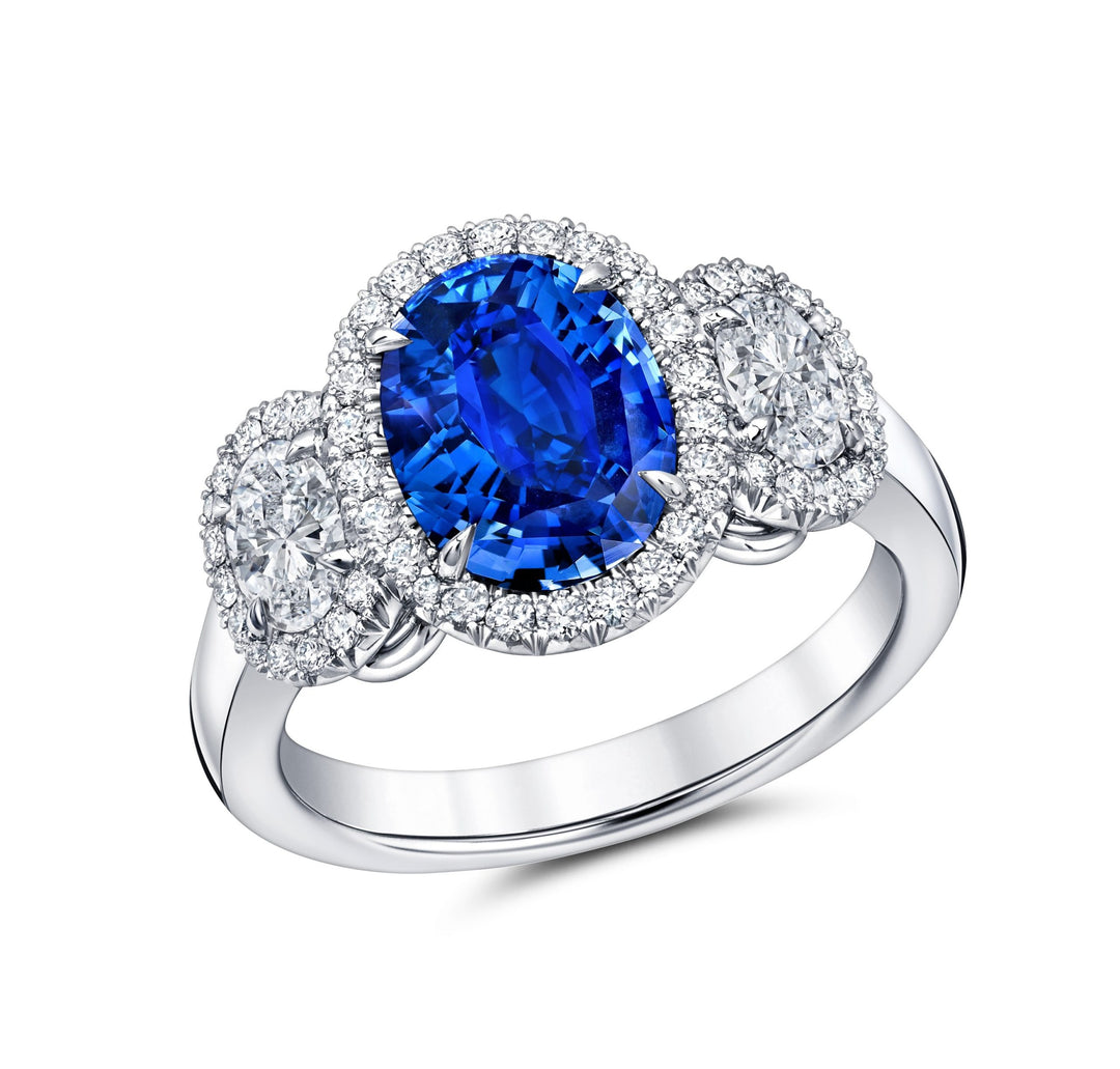 Oval Ceylon Sapphire & Diamond Three Stone Ring