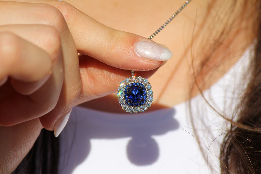 1.67ct Cushion Blue Sapphire & Diamond Drop Necklace