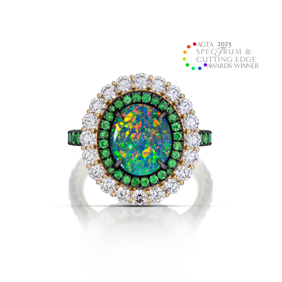 "A Kaleidoscope of Green" 2023 AGTA Award Winning 2.15ct Oval Australian Black Opal, Tsavorite, & Diamond Ring