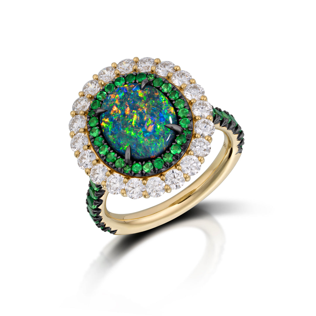 "A Kaleidoscope of Green" 2023 AGTA Award Winning 2.15ct Oval Australian Black Opal, Tsavorite, & Diamond Ring