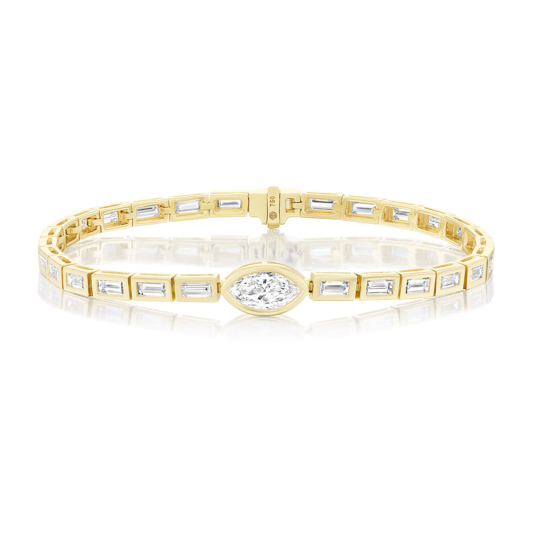 4.17ctw Bezel Marquise Art Deco Natural Diamond Tennis Bracelet in 18K Yellow Gold