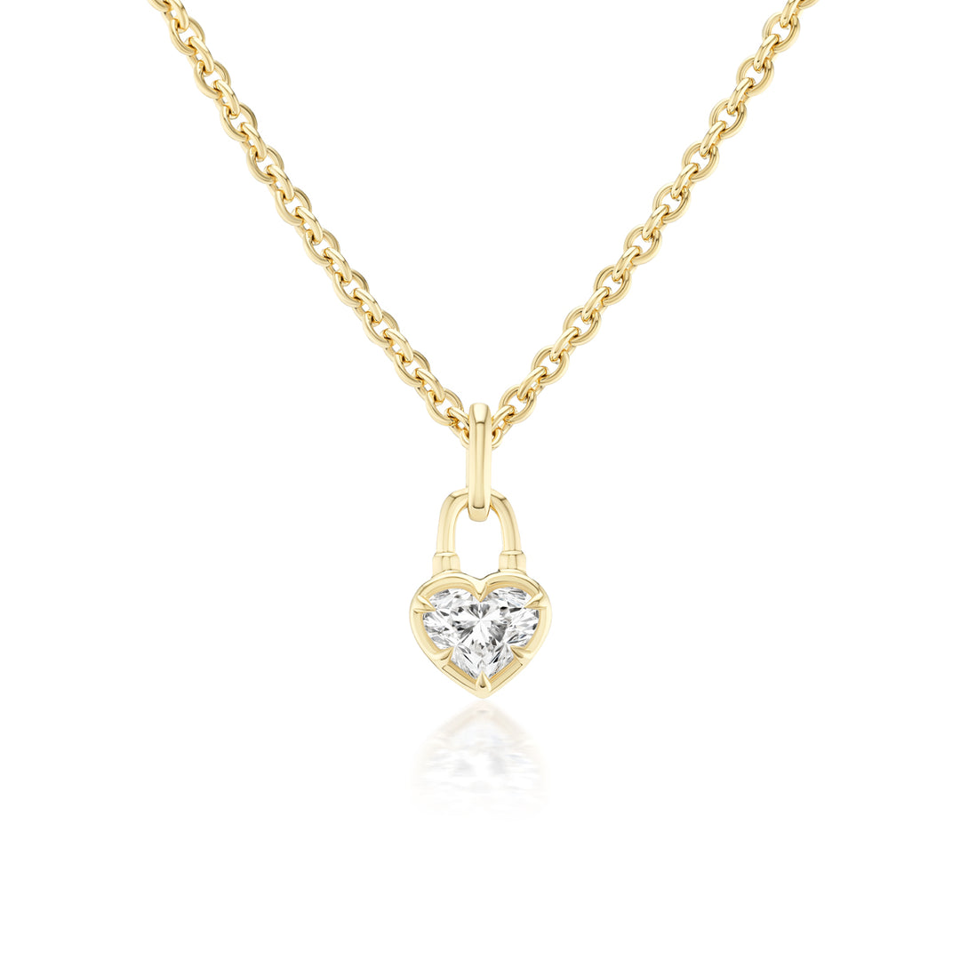1.00ct Heart Shape Natural Diamond Lock Charm Necklace in 18K Yellow Gold