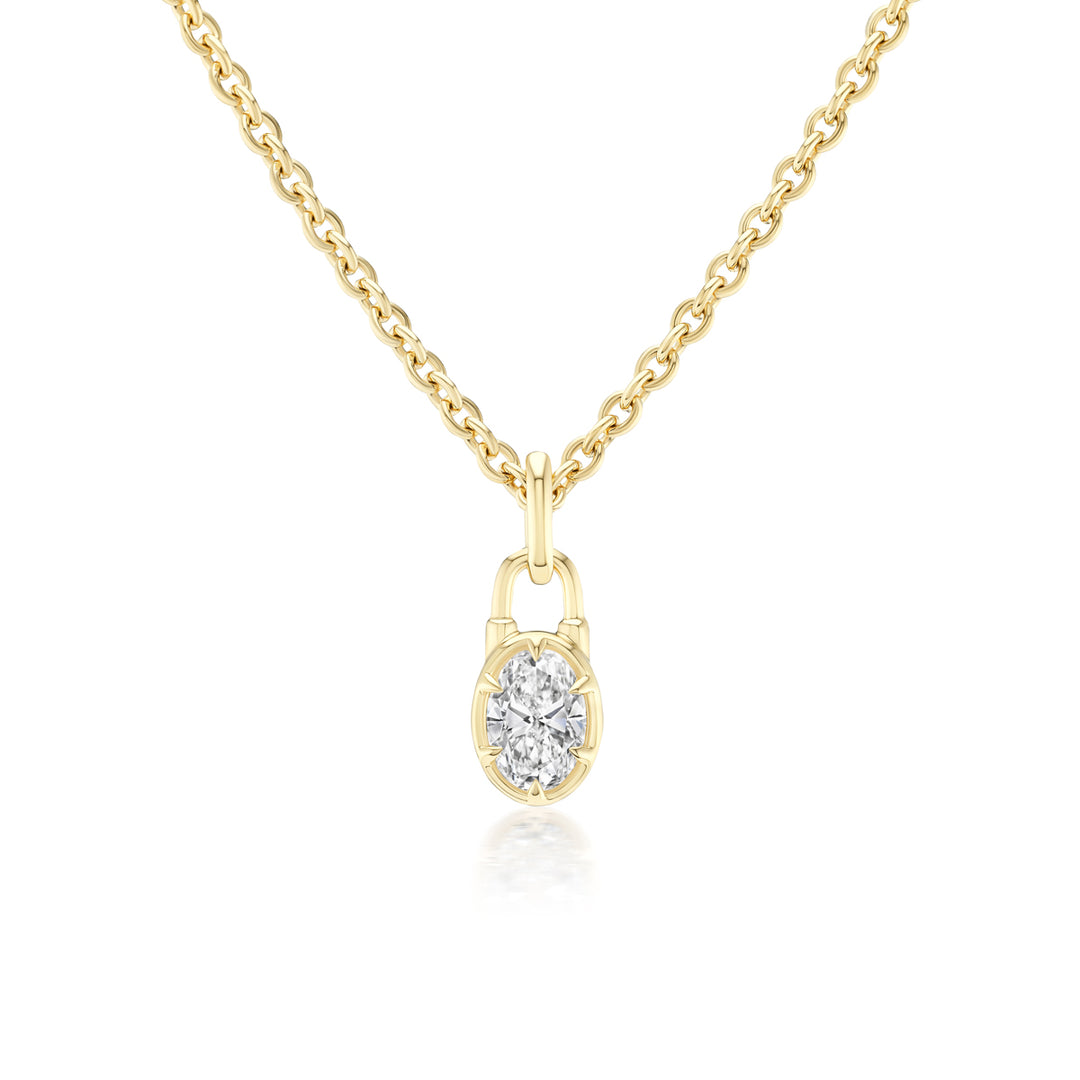 1.00ct Oval Natural Diamond Lock Charm Necklace in 18K Gold