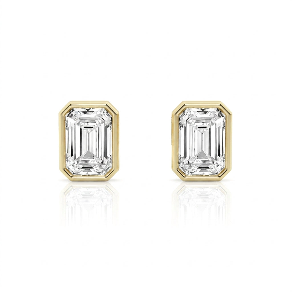 Emerald Cut Bezel Diamond Studs in 18K Yellow Gold