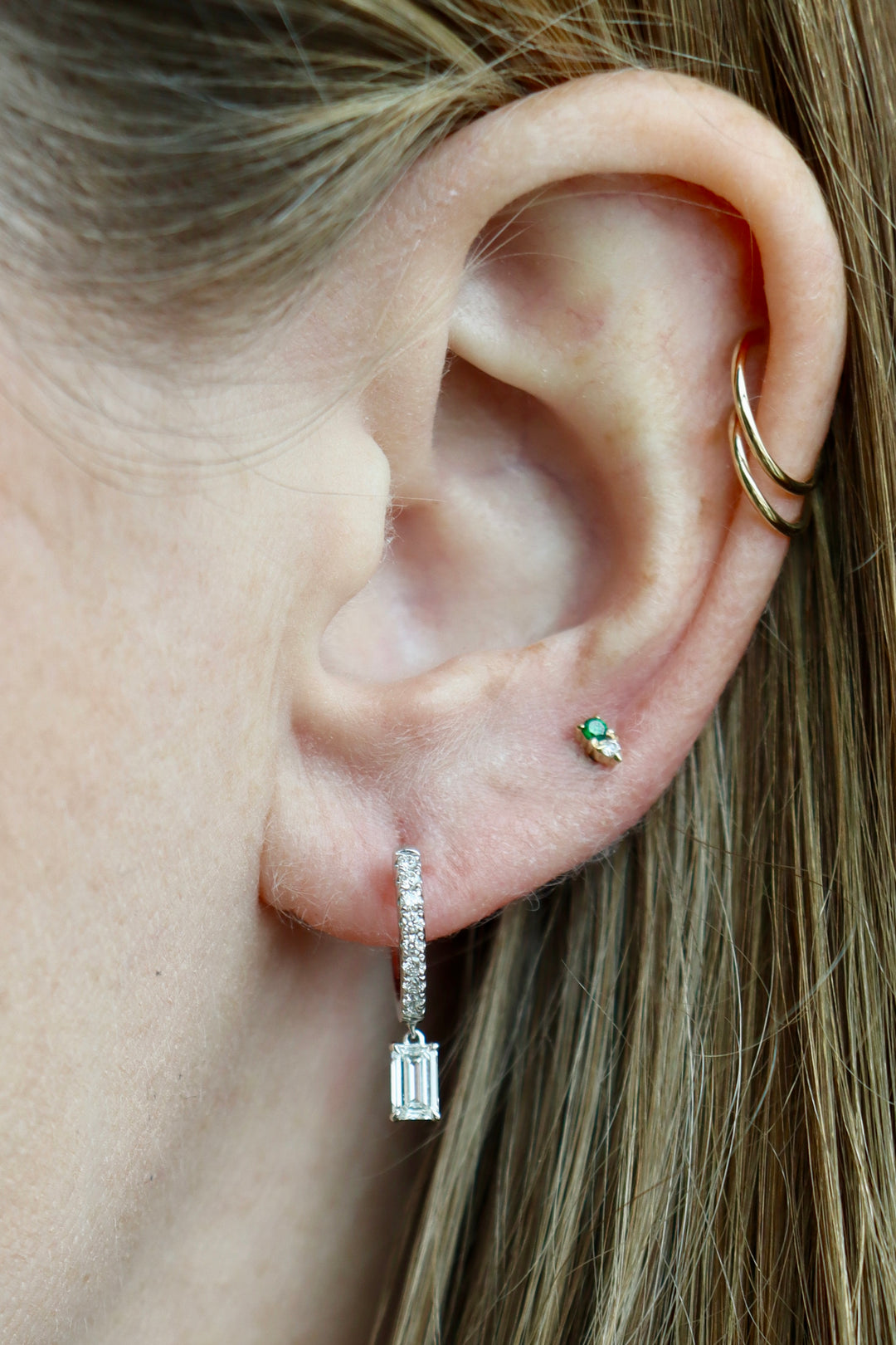 0.78ctw Emerald Cut Diamond Huggie Drop Earrings in 18K Gold