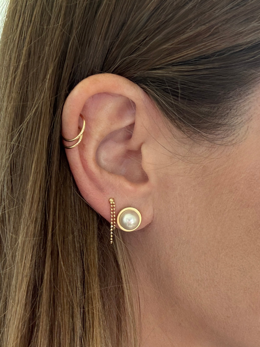 Akoya Pearl Cup Bezel Gemstone Stud Earrings in 18K Yellow Gold