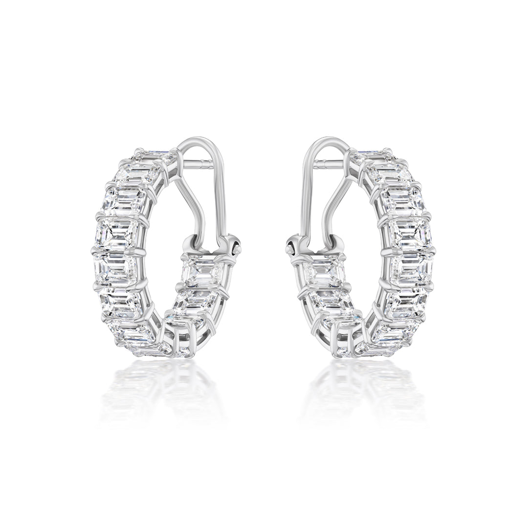 Emerald Cut Shared-Prong Hoops in 18K White Gold