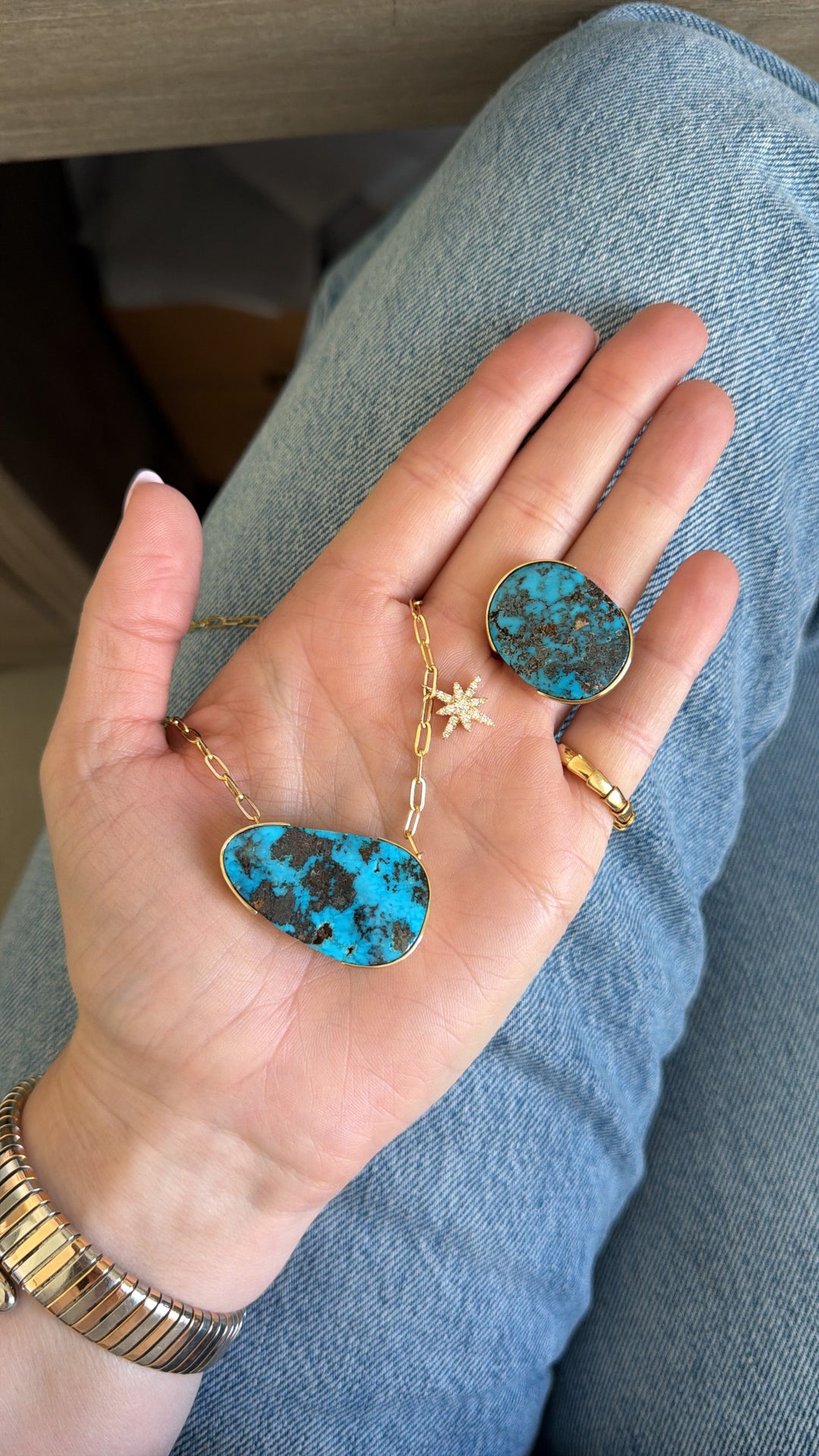 37.68ct Persian Turquoise & Diamond Star Necklace in 14K Yellow Gold