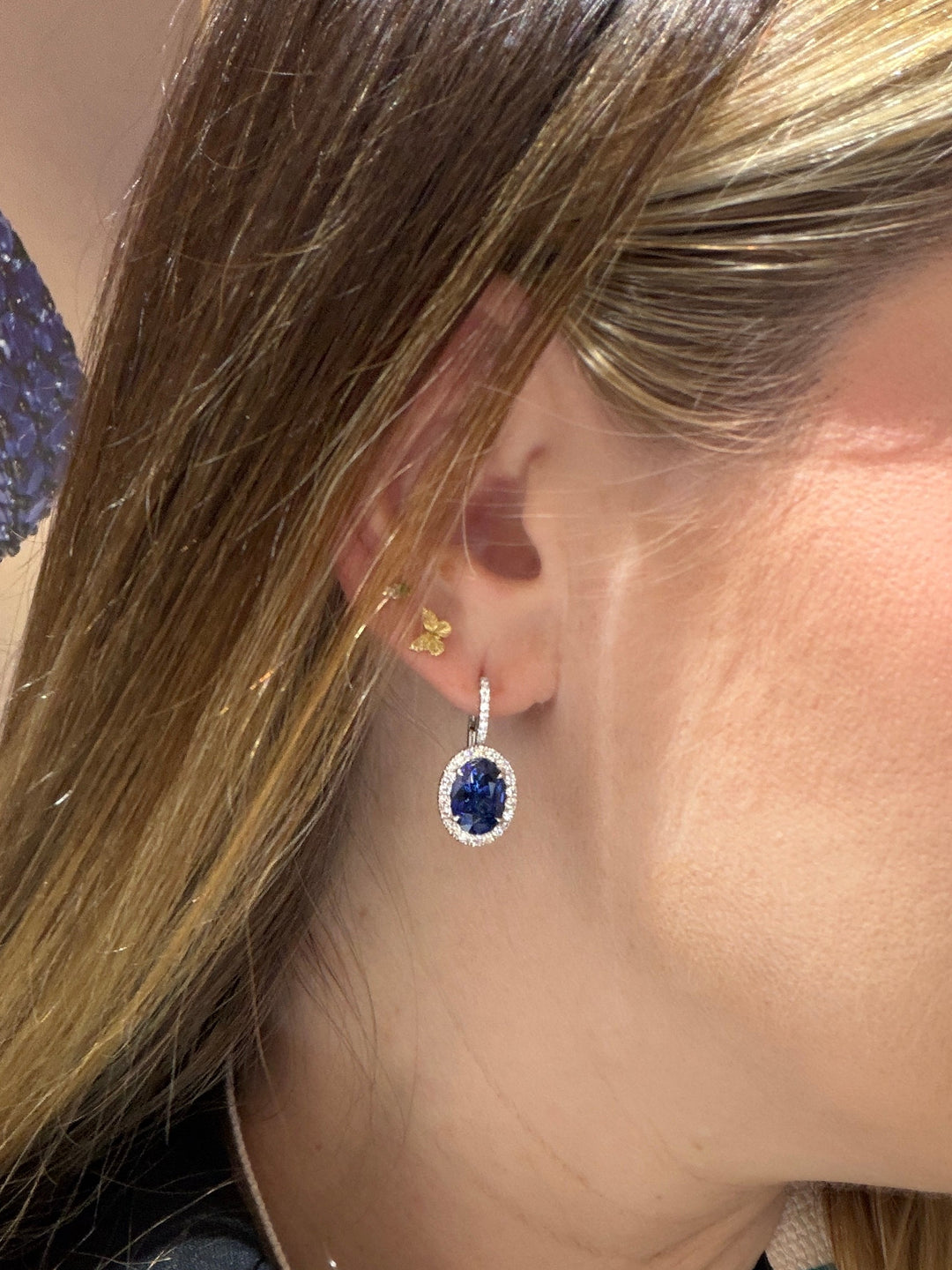 6.25ctw Oval Blue Sapphire Diamond Halo Drop Earrings in Platinum