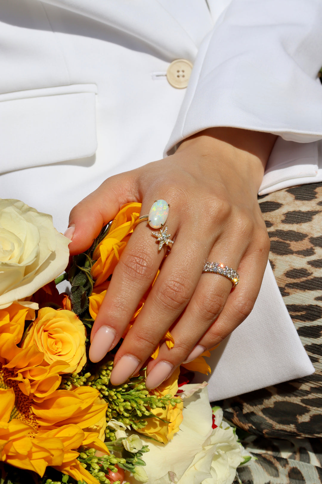 3.20ct Australian Oval Opal & Diamond Star Two-Stone Ring in 14K Yellow Gold