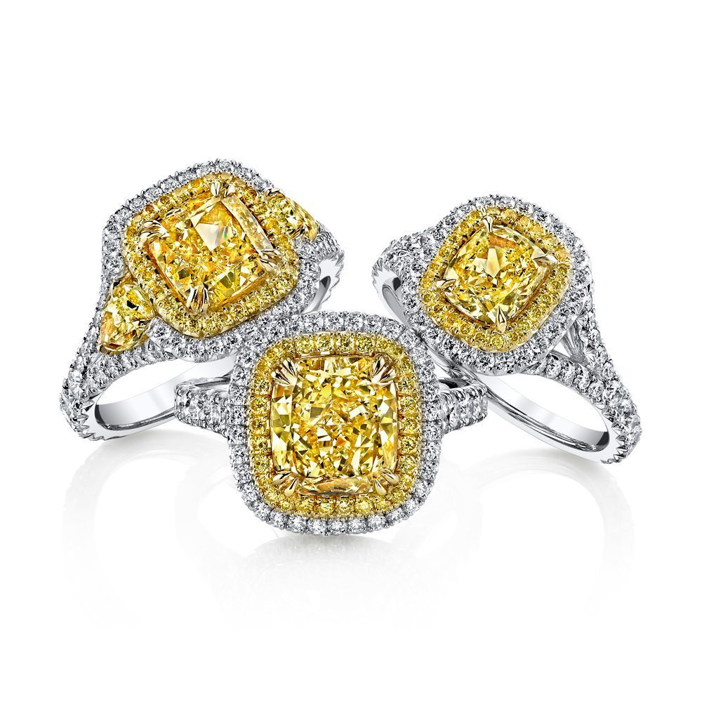 2.05ct Cushion Natural Fancy Yellow Three Stone Diamond Ring