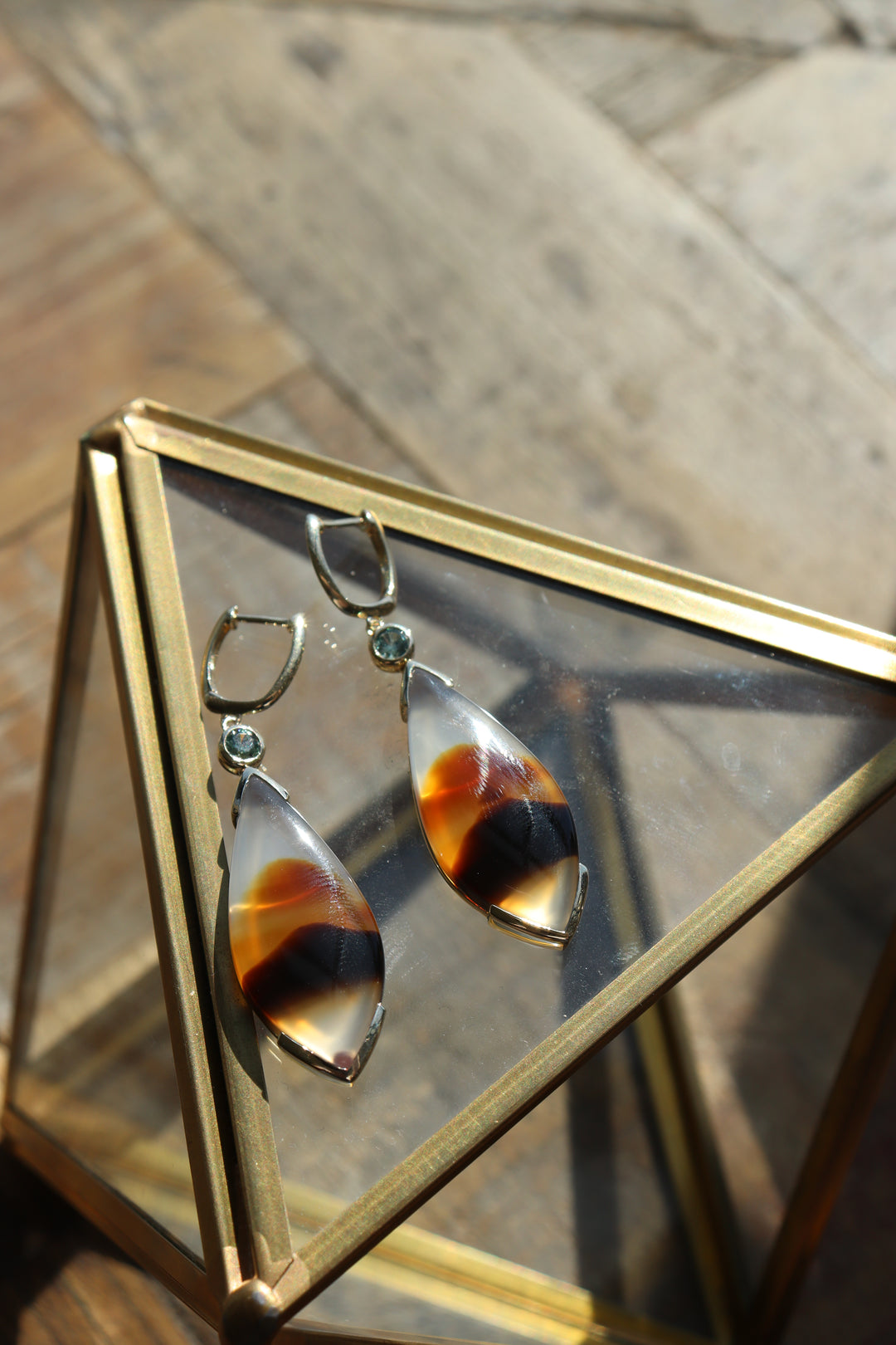14K Yellow Gold Montana Agate & Montana Sapphire Dangle Earrings