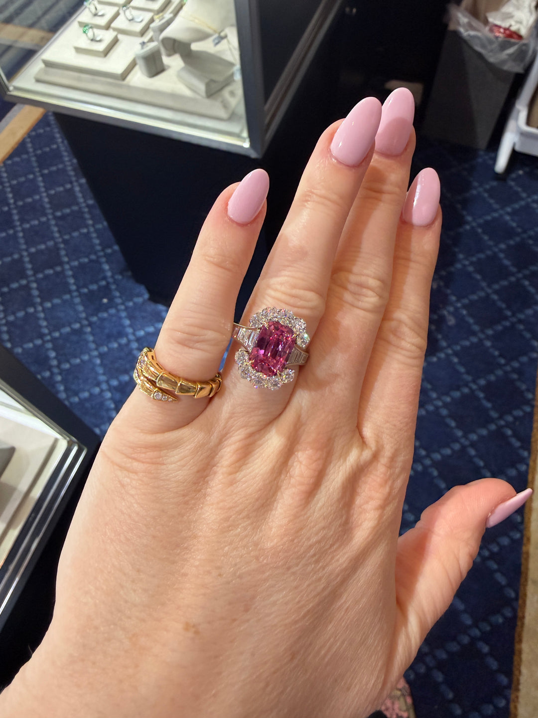 4.09ct Purplish-Pink Cushion Sapphire & Diamond Ring in Platinum