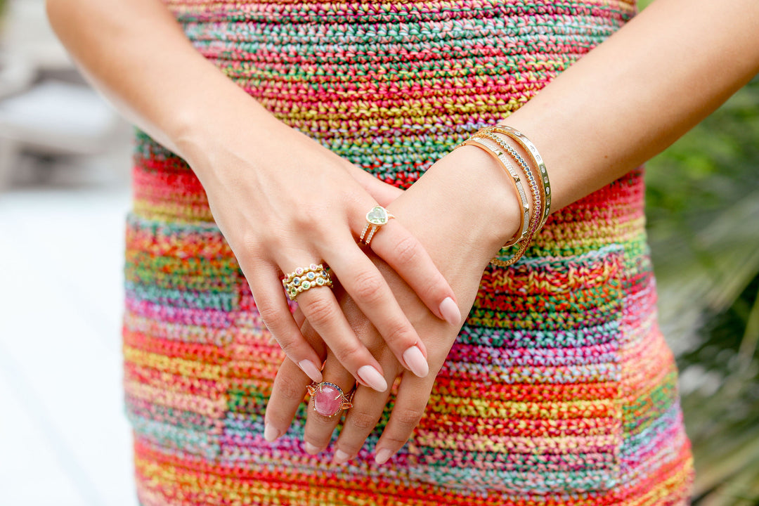 Gold Stud & Diamond Bangle in 14K Gold