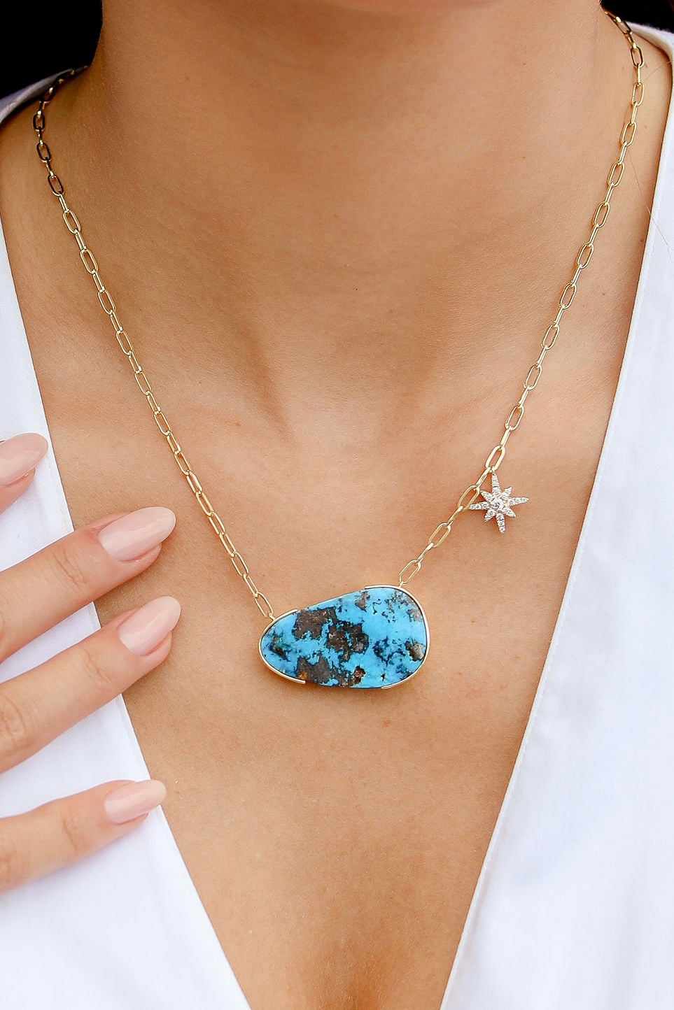 37.68ct Persian Turquoise & Diamond Star Necklace in 14K Yellow Gold