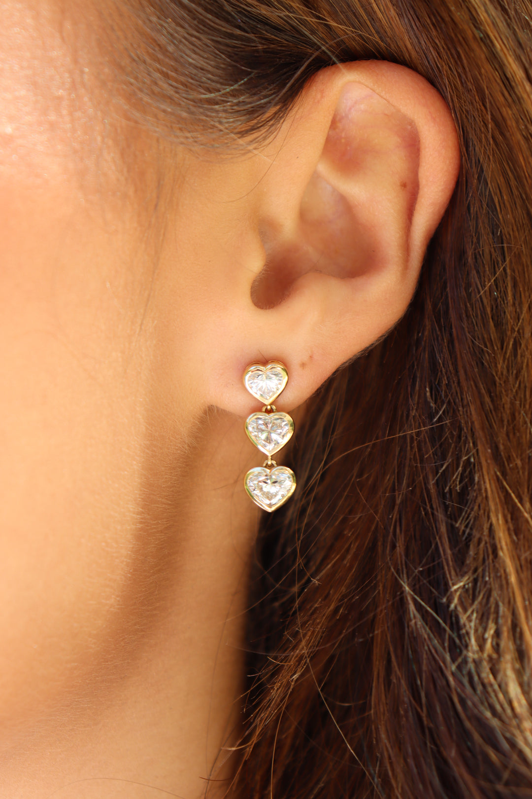 Heart Shape Bezel Diamond Dangle Earrings in 18K Yellow Gold