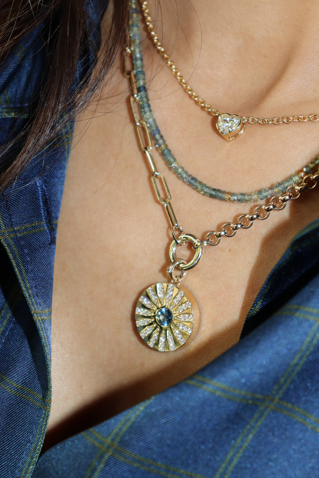 0.59ct Round Montana Sapphire & Diamond Medallion Pendant in 14K Yellow Gold
