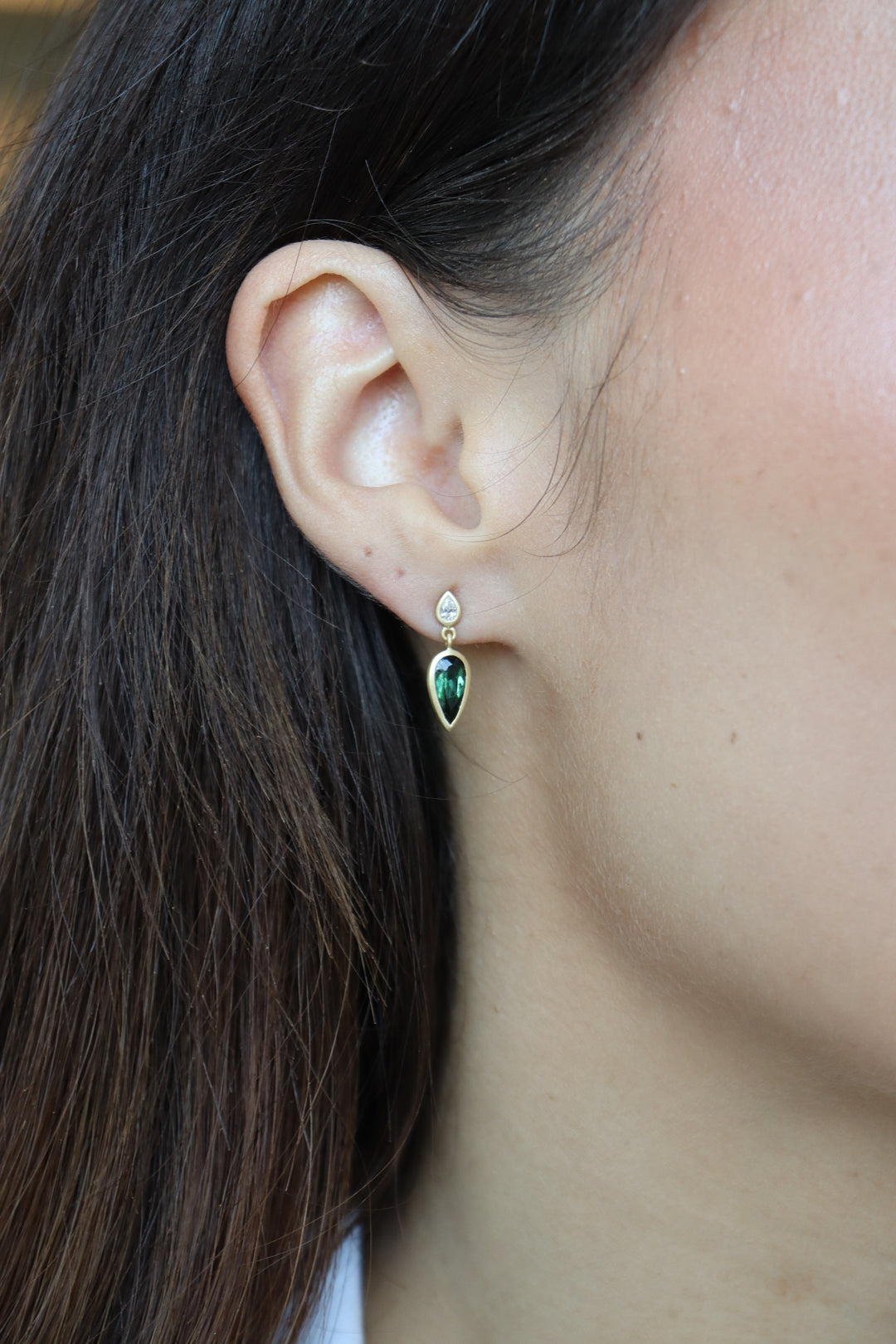1.29ctw Green Tourmaline & Diamond Dangle Bezel Earrings in 18K Yellow Gold