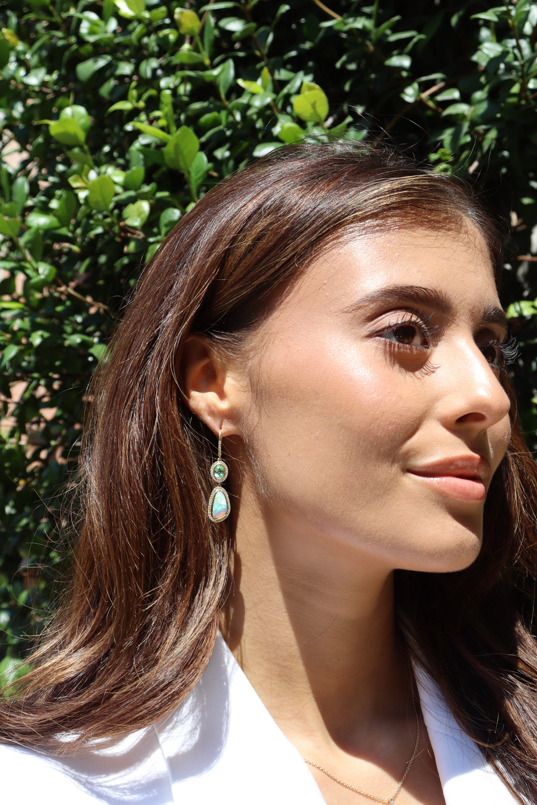 One-of-a-Kind Opal & Tanzanian Mint Garnet Dangle Earrings in 18k Yellow Gold