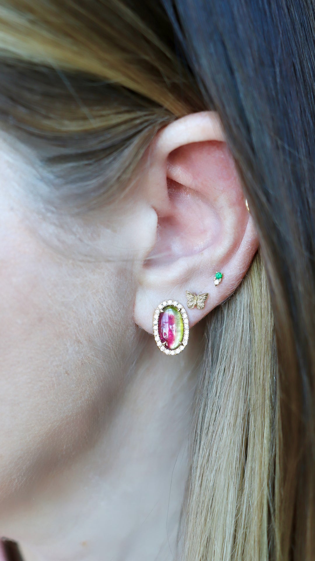 3.05ctw Oval Bi-Color Tourmaline & Diamond Earrings in 18K Yellow Gold