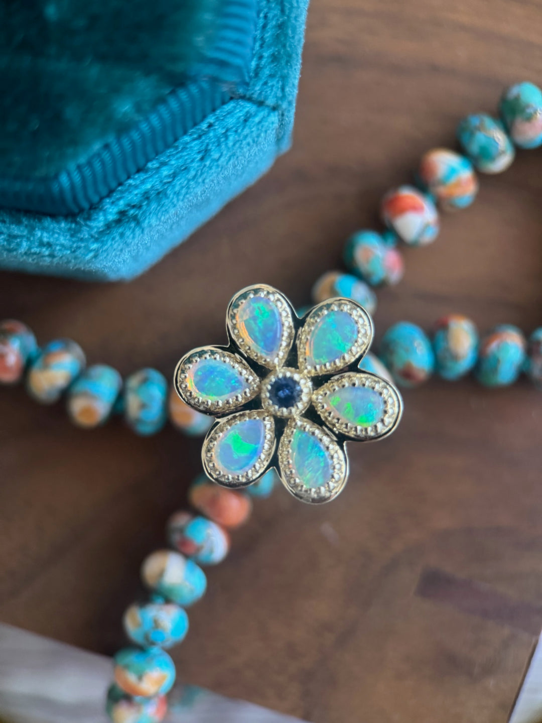 14K Yellow Gold Australian Opal & Montana Sapphire Flower Bolo Ring