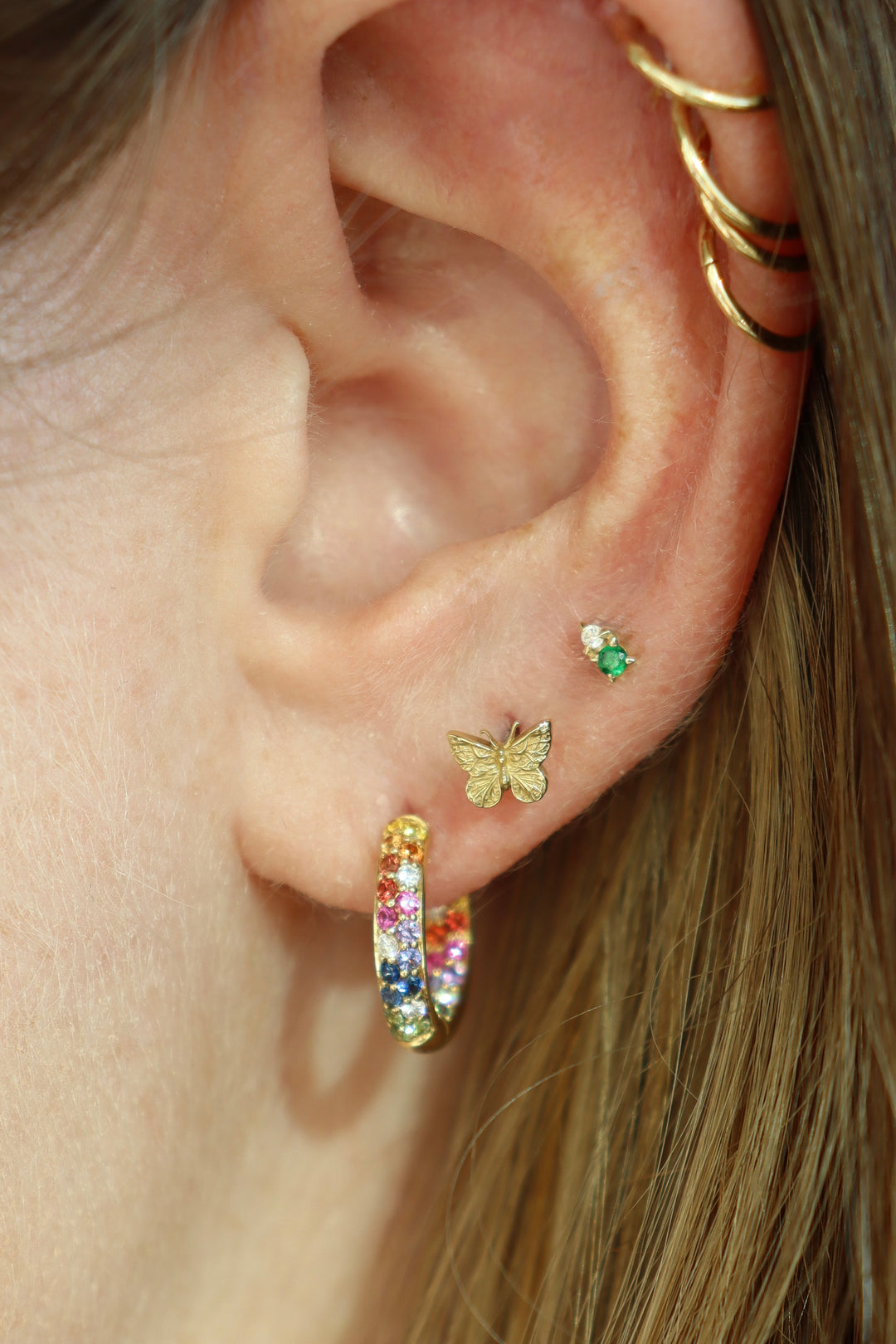 Small Rainbow Sapphire & Diamond Pave Inside Outside Hoops in 18K Yellow Gold