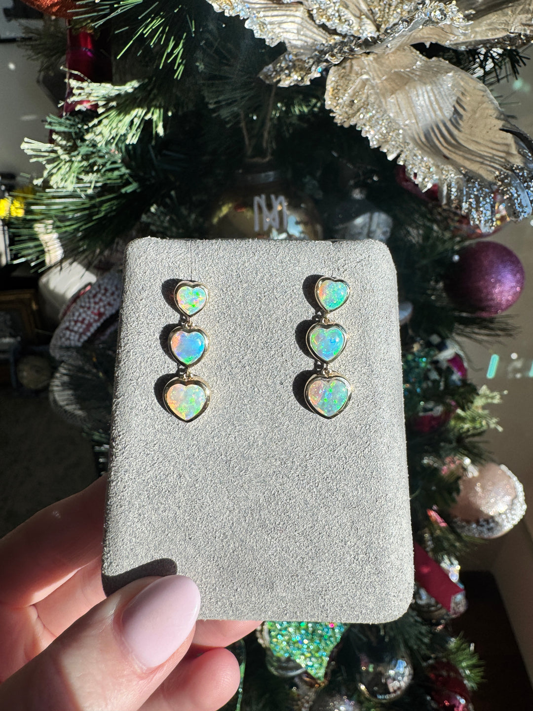 2.34ct Heart Shape White Australian Opal Dangle Earrings in 14K Yellow Gold