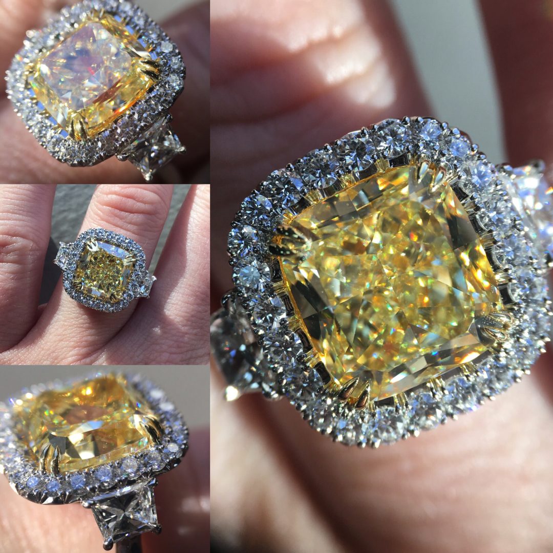 Cushion Natural Fancy Yellow Diamond Three Stone Ring