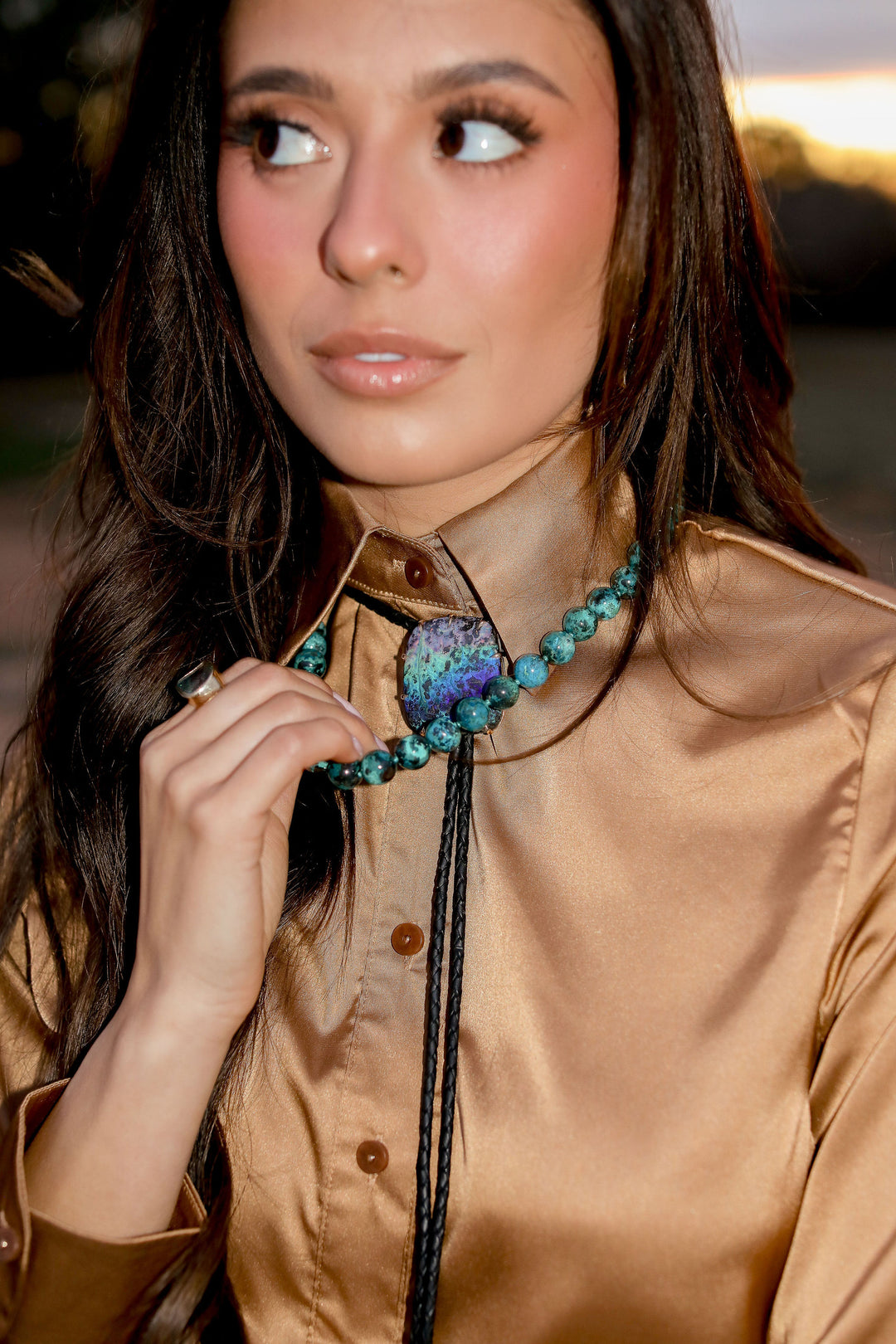 14K Yellow Gold Australian Boulder Opal, Montana Sapphire, & Diamond Bolo Tie