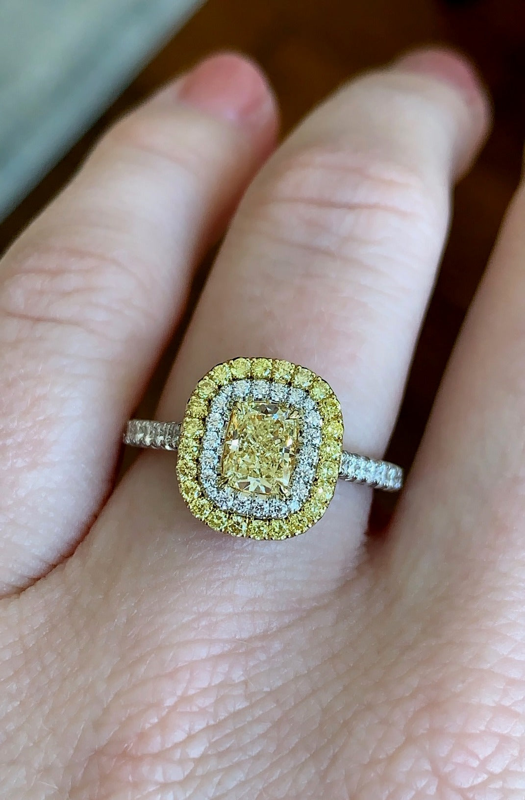 0.71ct Cushion Yellow Diamond Reverse Halo Ring