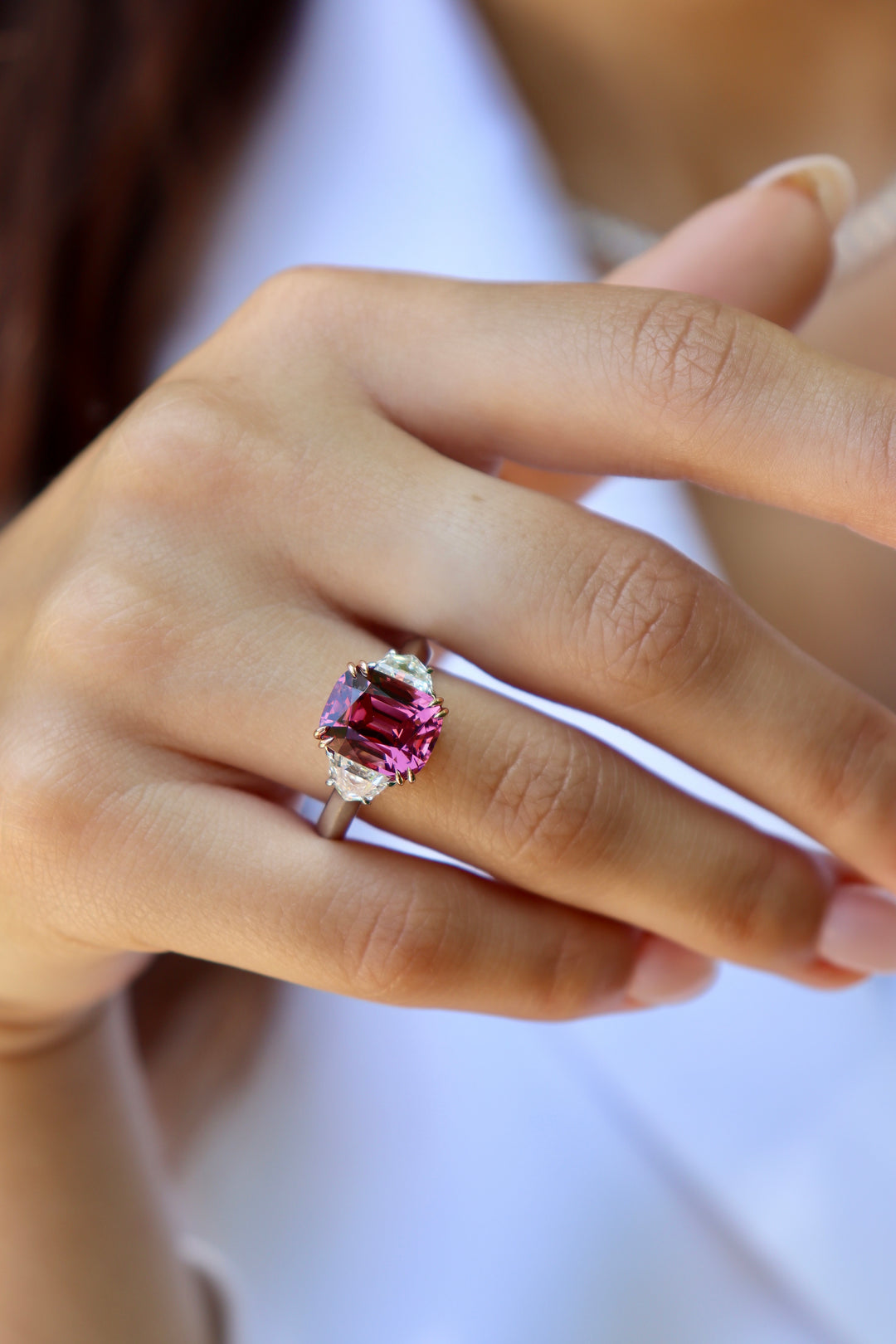 4.58ct Cushion Pink Spinel & Diamond Three-Stone Ring in Platinum