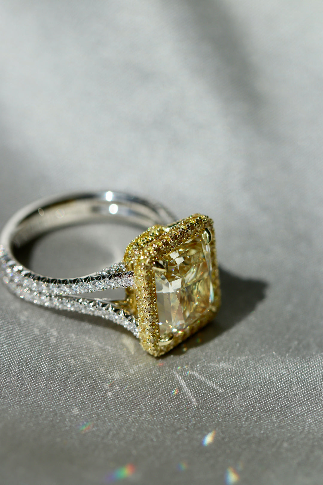 5.01ct Radiant Yellow Diamond Ring in Platinum & 18K Yellow Gold