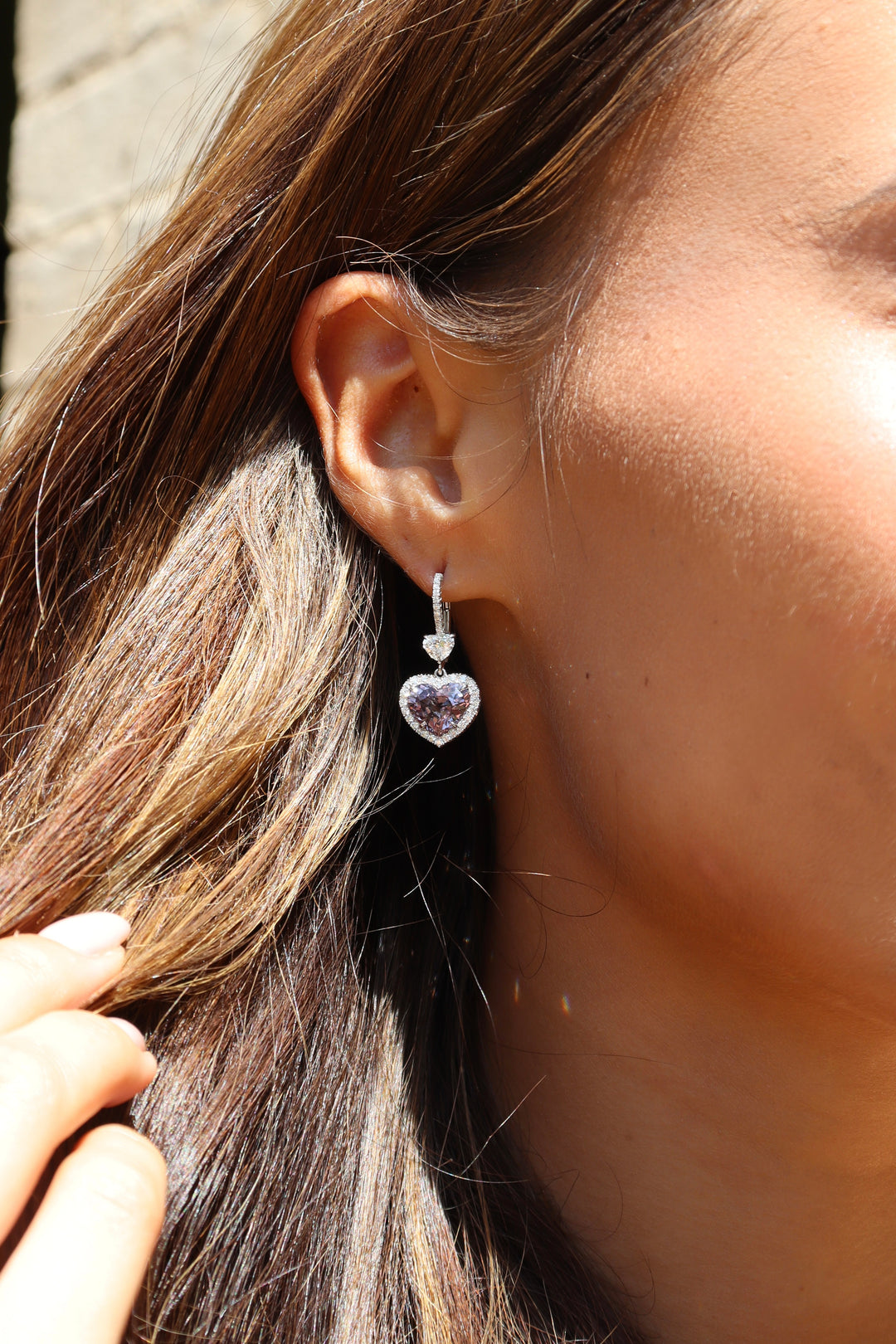 5.55ctw Heart Shape Purple Spinel & Diamond Halo Dangle Earrings in Platinum