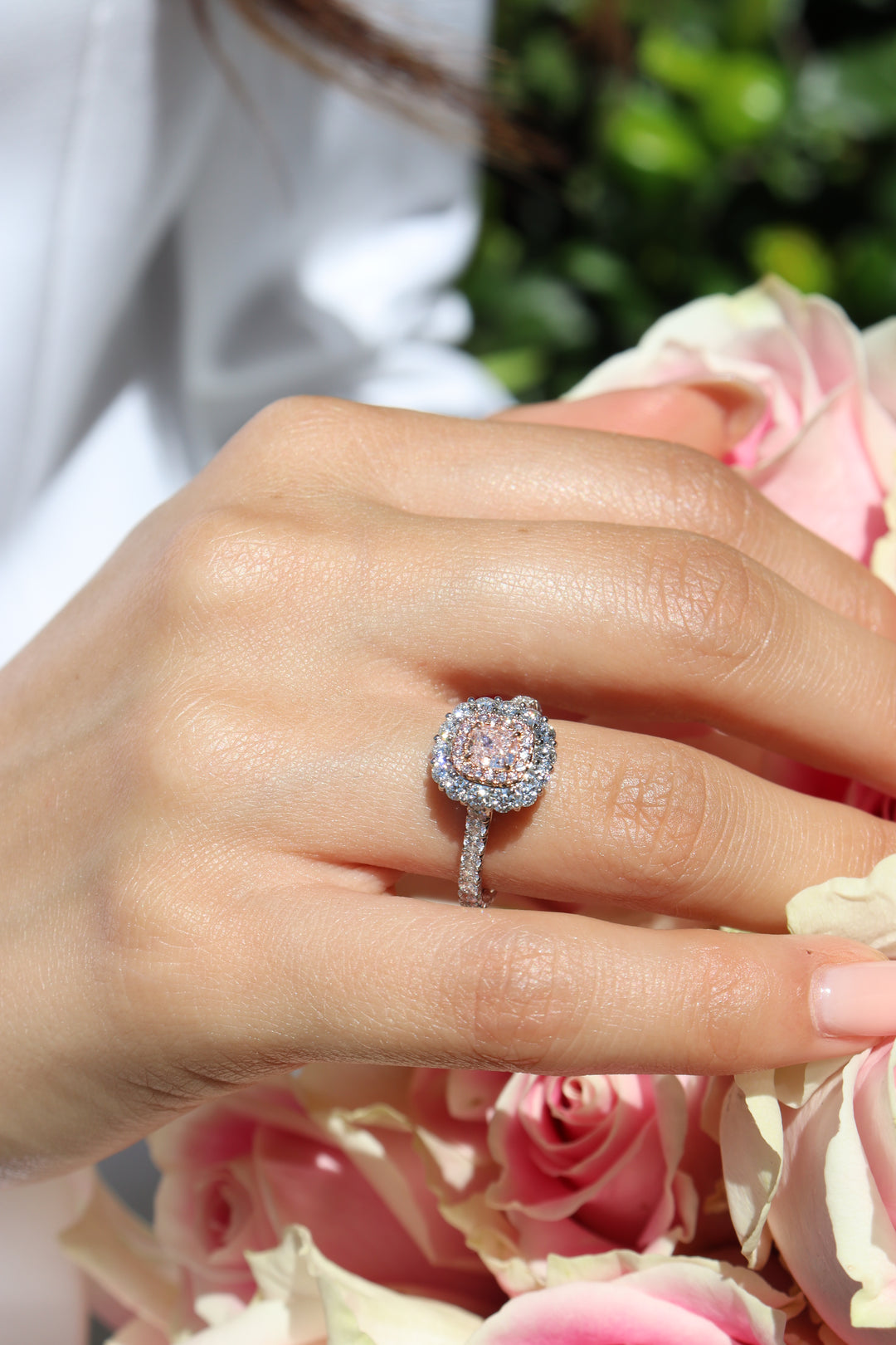 0.47ct Very Light Pink Cushion Diamond set in Platinum & 18K Rose Gold