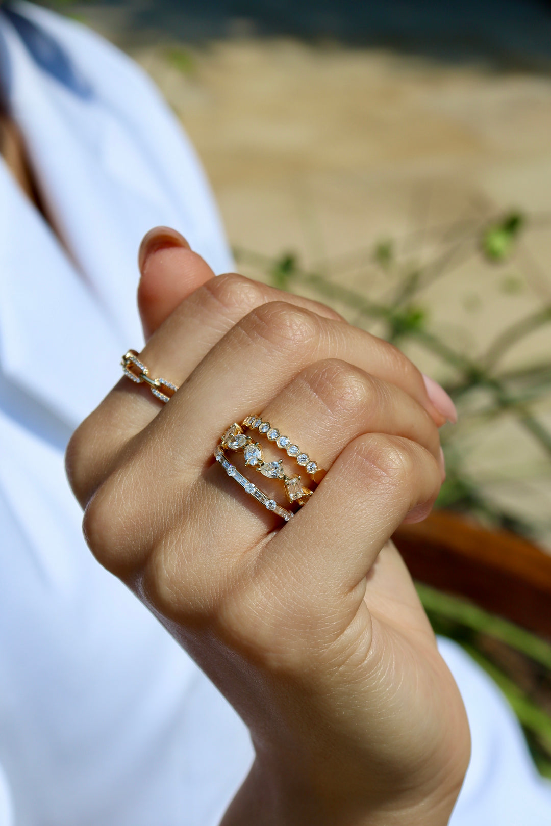 Petite Alternating Round & Baguette Diamond Stackable Band in 14K Gold