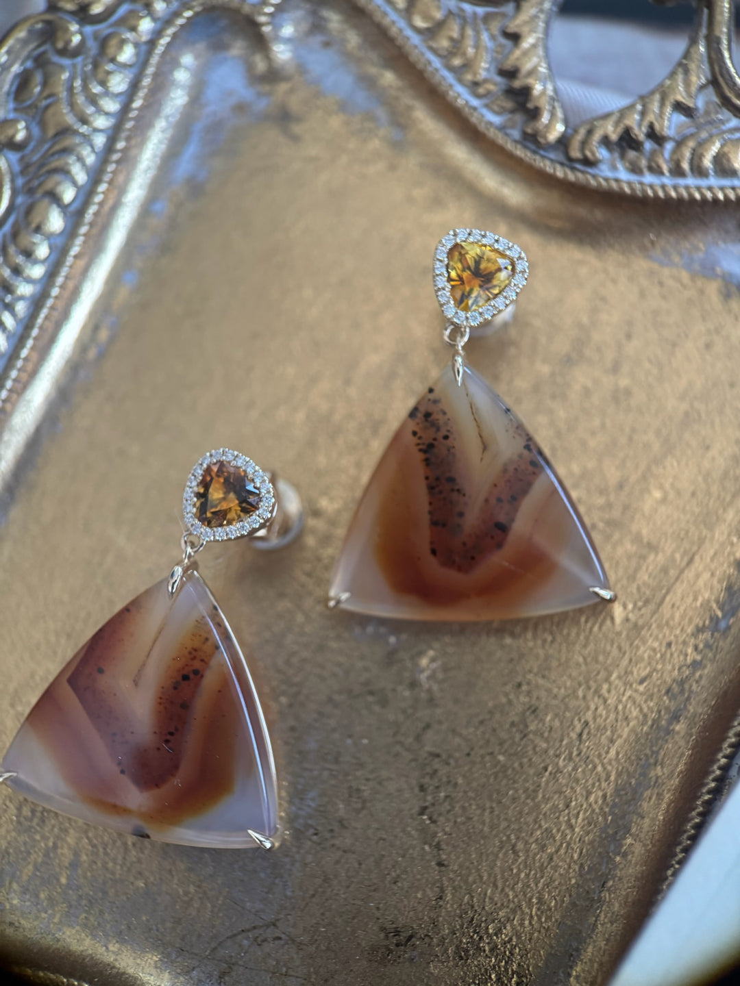 14K Yellow Gold Montana Agate & Montana Sapphire Dangle Earrings