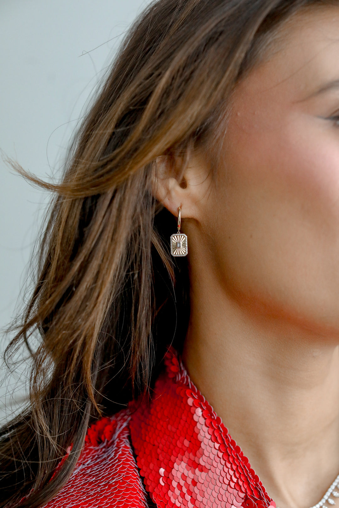 Fluted Baguette and Diamond Rectangle Earrings in 14K Gold