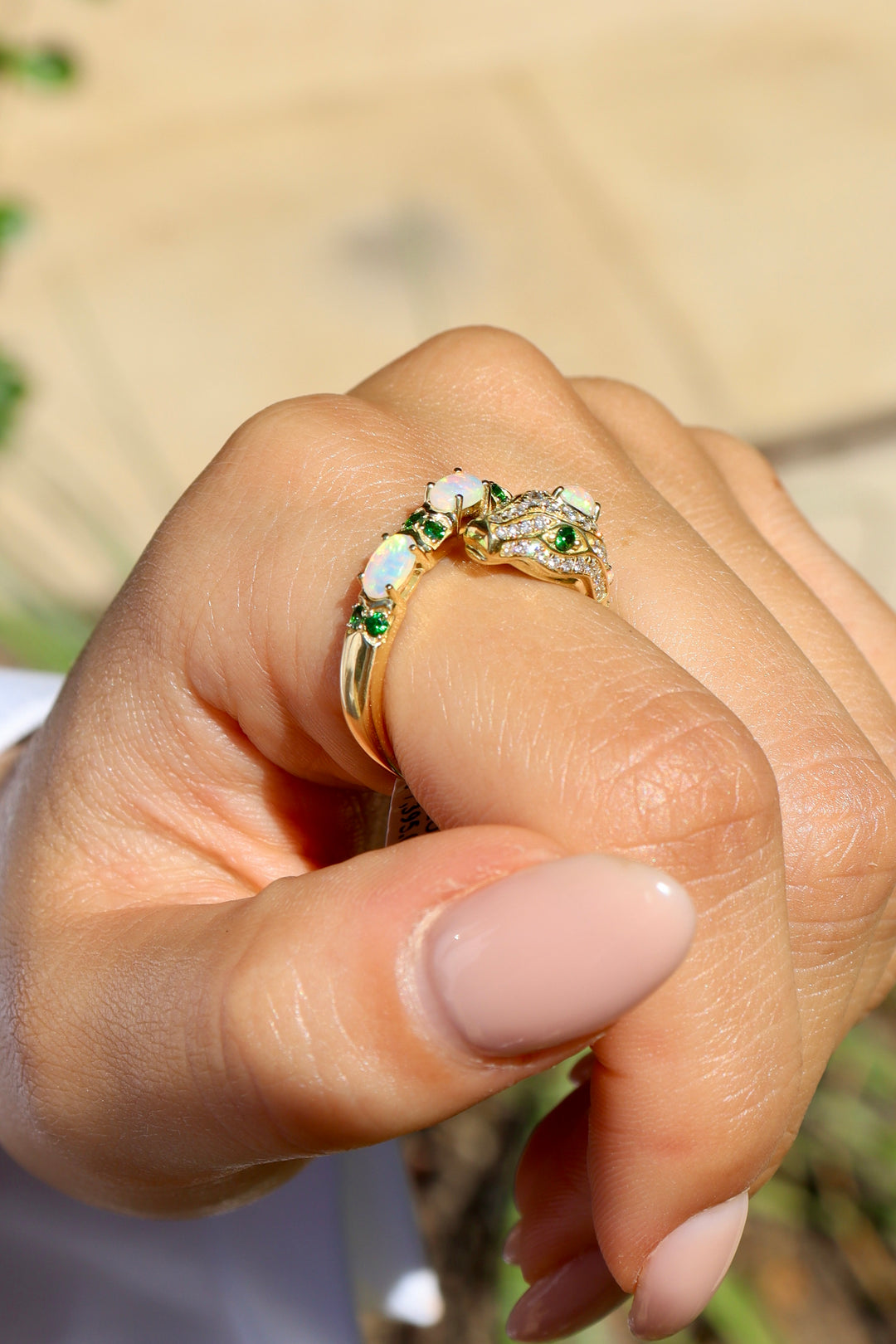 Snake Australian Opal, Tsavorite Garnet & Diamond Ring in 18k Yellow Gold