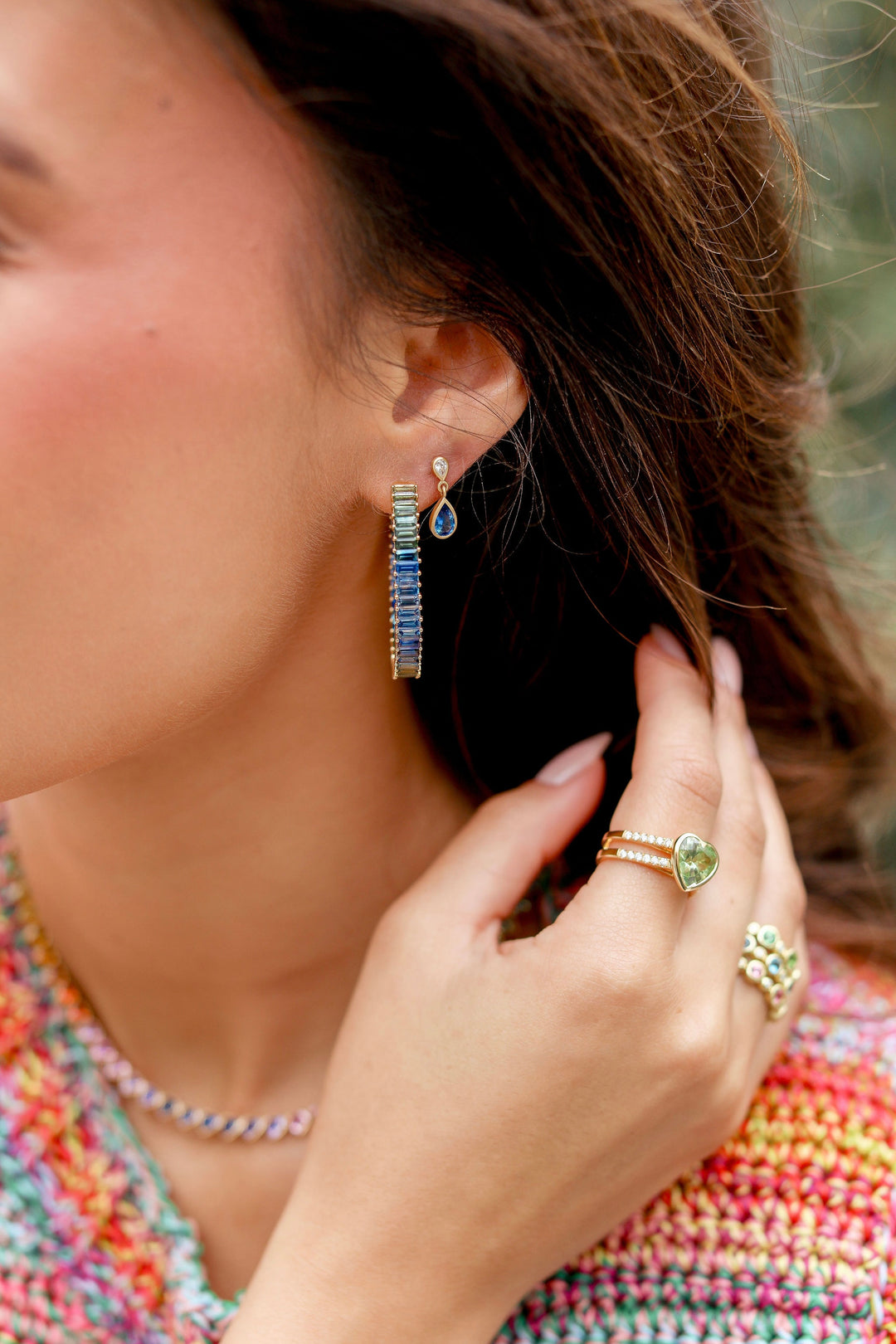 10.90ctw Blue & Green Ombre Baguette Sapphire Hoop Earrings in 18K Yellow Gold