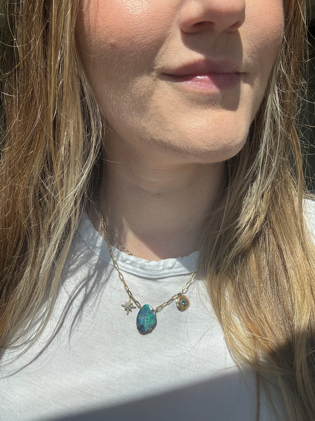 Gold & Smoke Australian Boulder Opal, Blue Zircon, & Diamond Necklace in 14K Yellow Gold