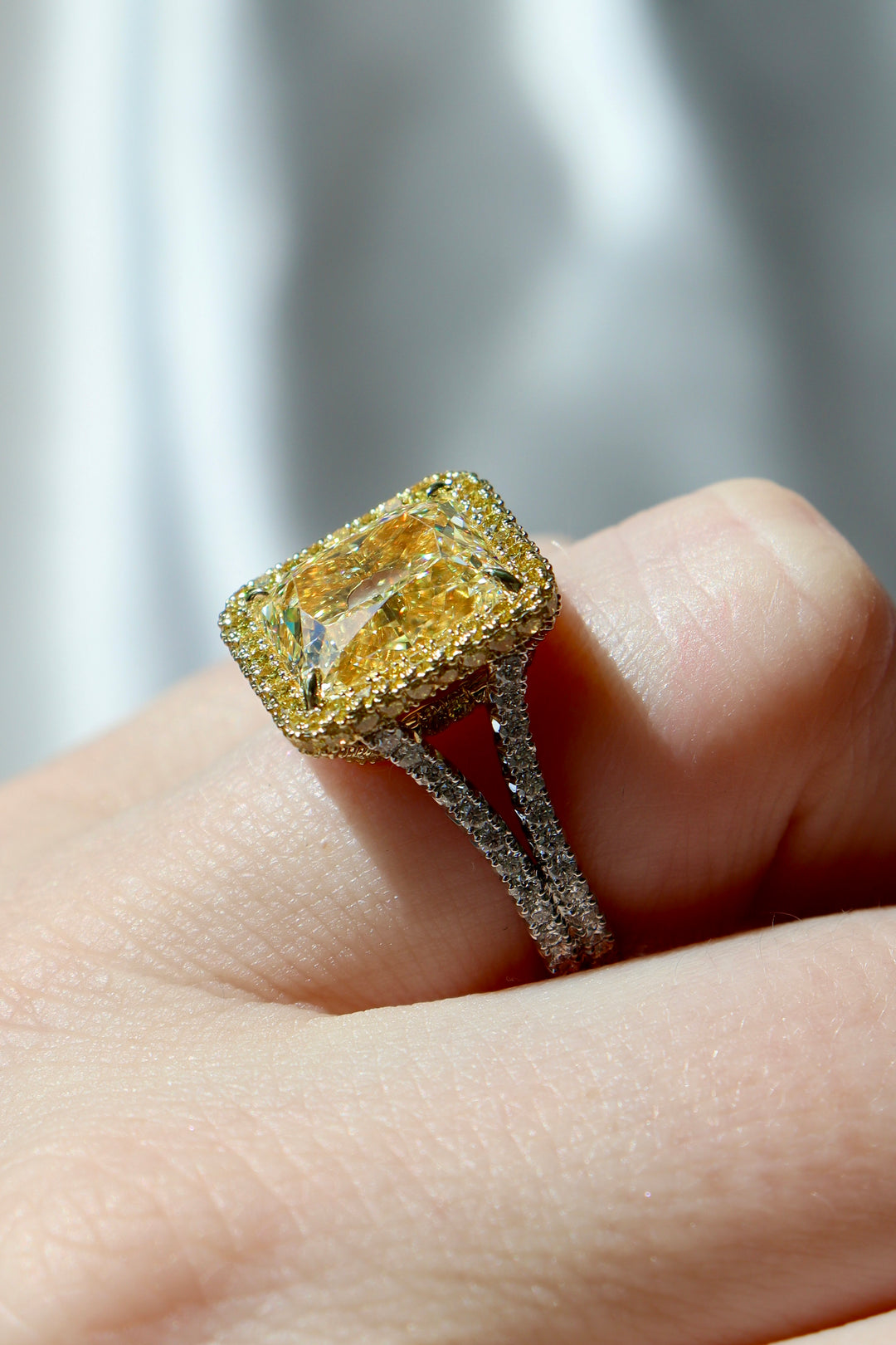 5.01ct Radiant Yellow Diamond Ring in Platinum & 18K Yellow Gold