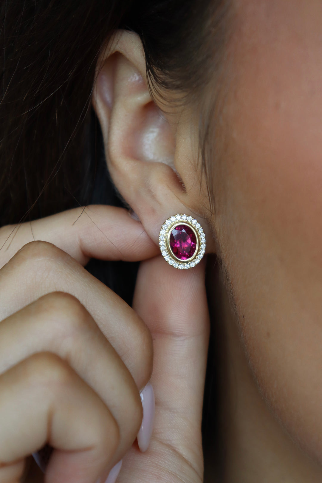 2.76ct Oval Rubellite Tourmaline & Diamond Stud Earrings in 14k Yellow Gold
