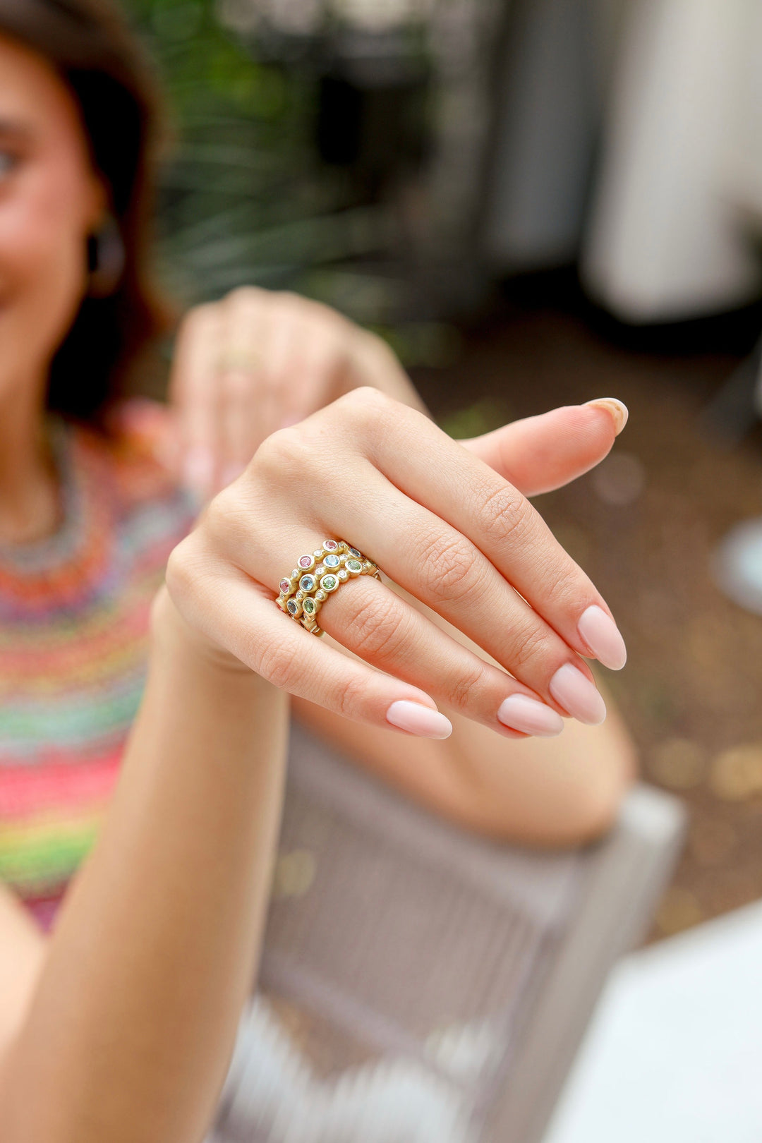 Nicole Mera x Suzy Landa Round Green Tourmaline & Diamond Bezel Stackable Ring in 18K Yellow Gold
