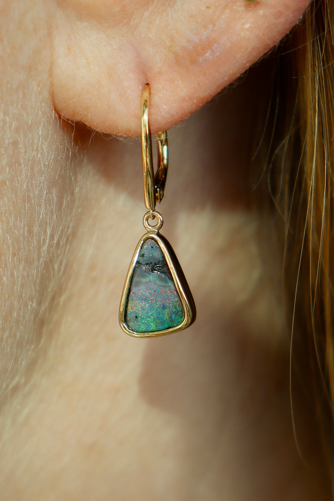 1.89ctw Australian Boulder Opal Dangle Earrings in 14K Yellow Gold