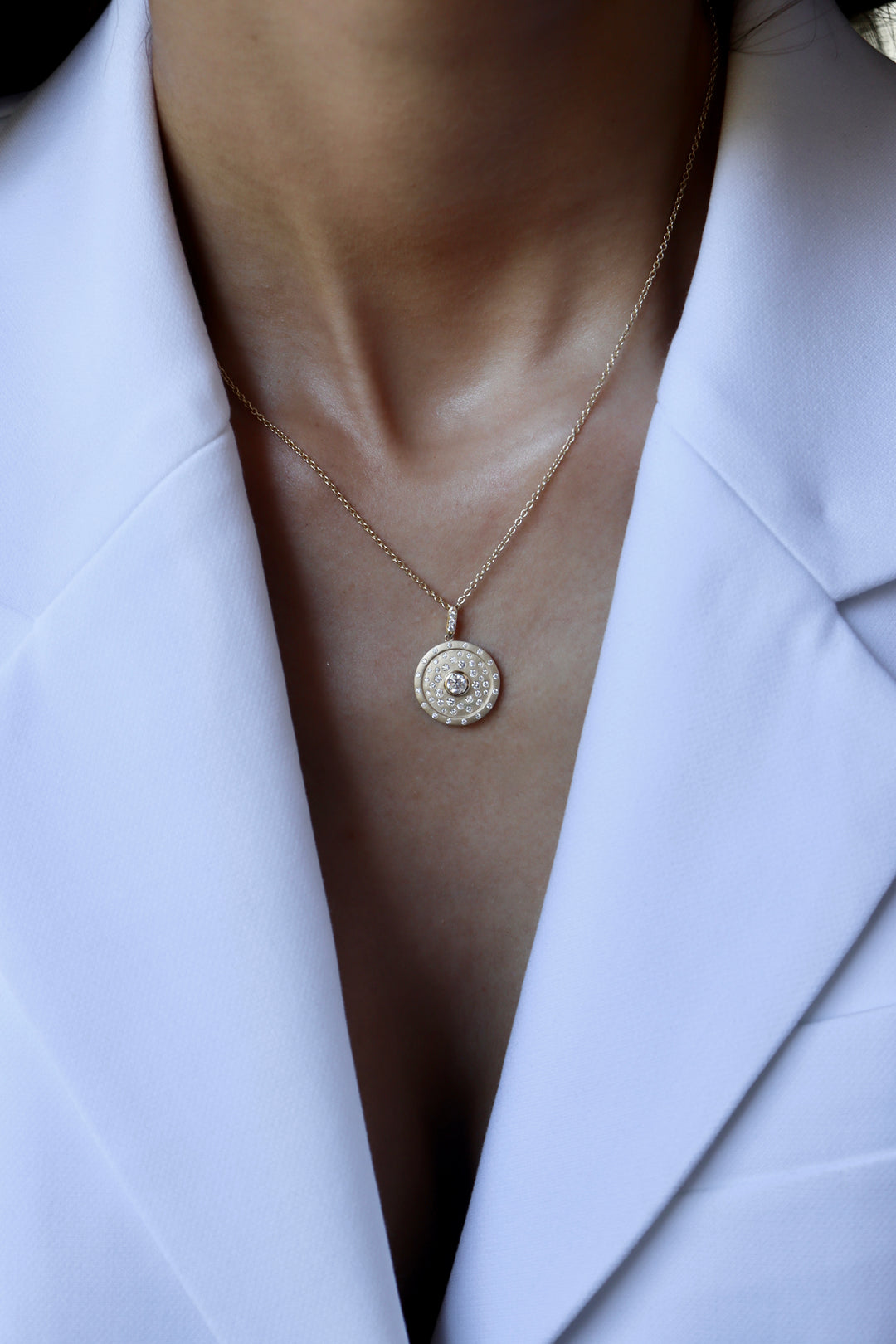 Speckled Diamond Disc Pendant in 14k Yellow Gold